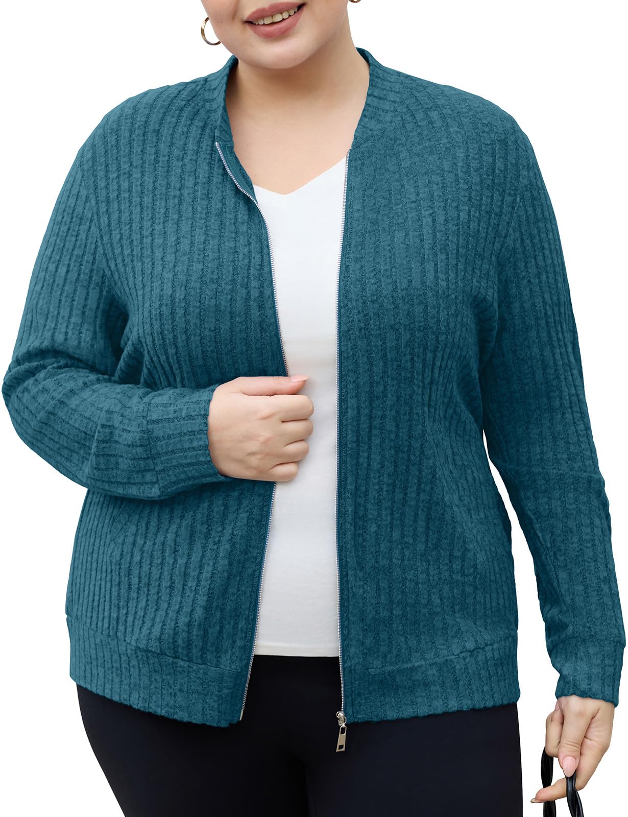 Plus Size Zip Up Sweaters for Women Casual Cardigan Sweater Long Sleeve Oversized Jacket with Pockets XL-5XL
