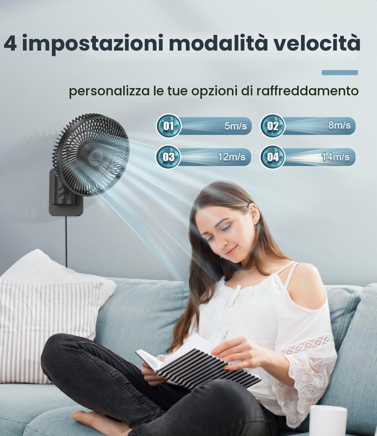 LEMOISTAR - Piccolo ventilatore da 20,3 cm con telecomando, oscillazione a 90°, 4 velocità, 4 timer, inclinazione regolabile, cavo da 70 pollici, silenzioso, per camera da letto ad angolo