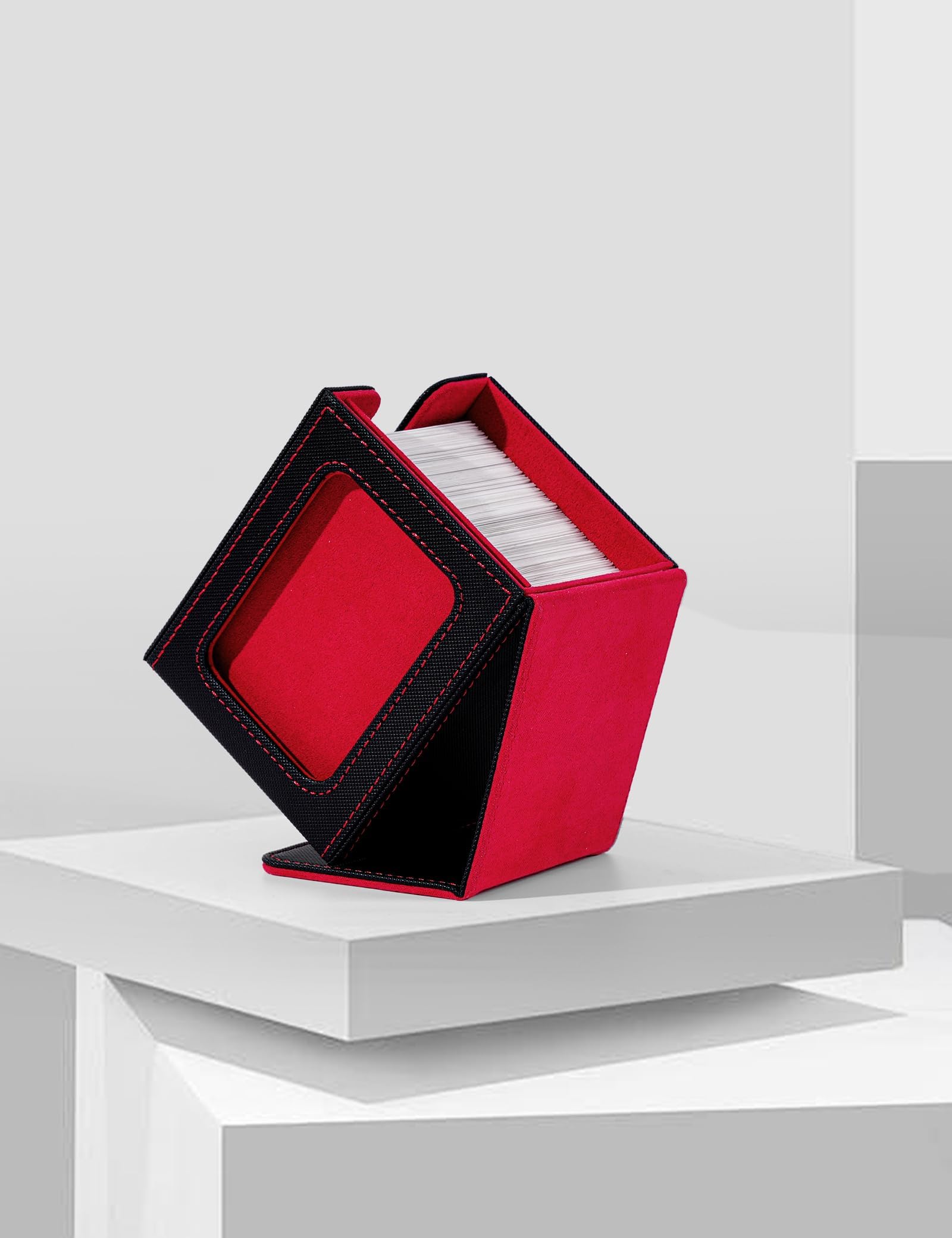 Card Deck Box with MTG Commander Display, Deck Case Holds 100+ Double-Sleeved Cards, Trading Card Storage Box Fits TCG/PTCG/Sports Card（Black&Red）