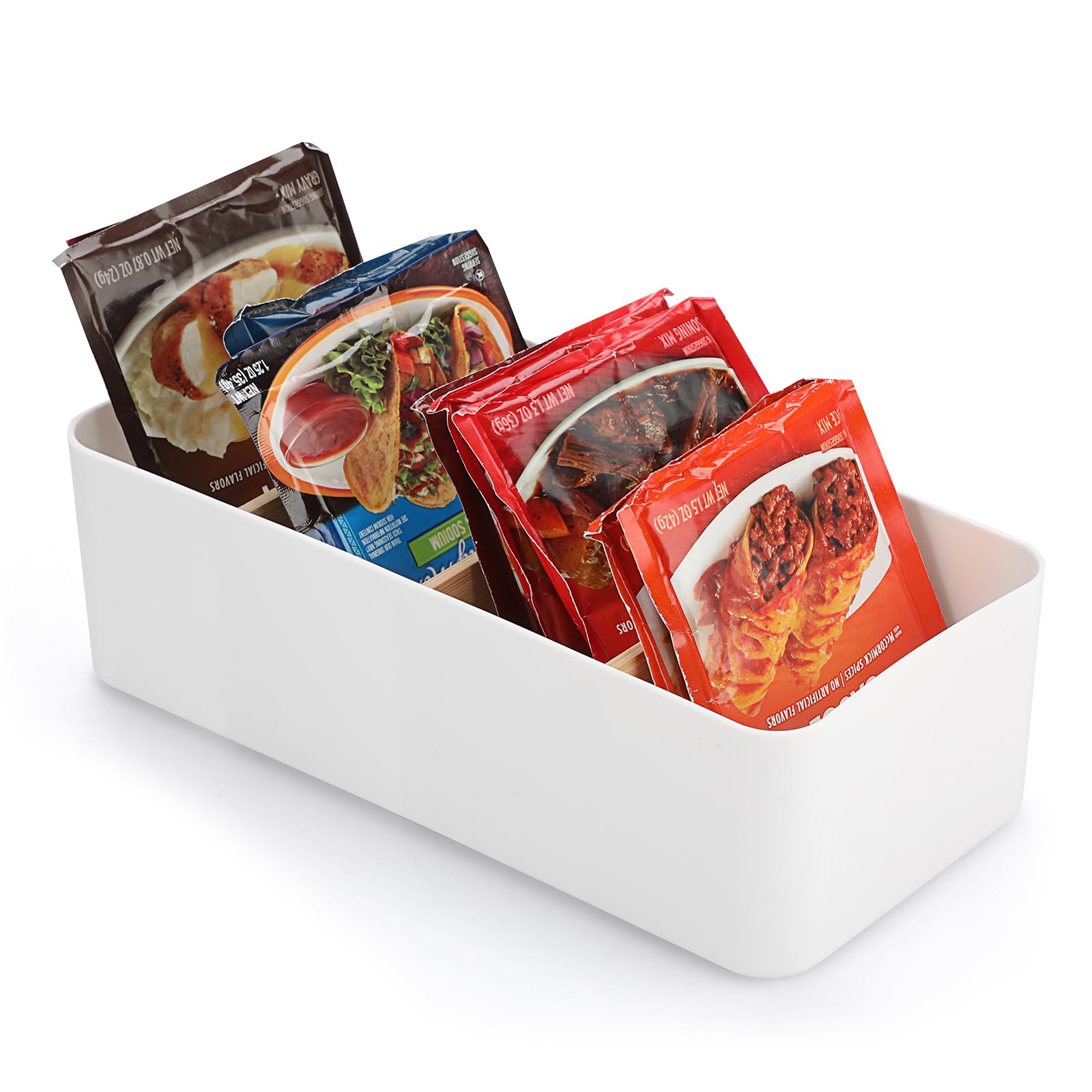 OGANAZI Plastic Seasoning Packet Organiser with 4 Compartments Seasoning Storage Bins Spice Packet Holder with Removable Bamboo Dividers for Kitchen Pantry - Image 4