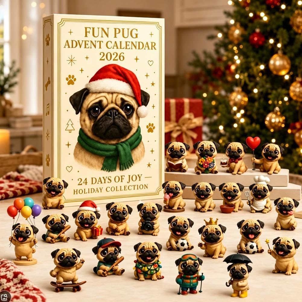 2027 Fun Pug Advent Calendar, 24 Day Christmas Countdown with 3D Figurines