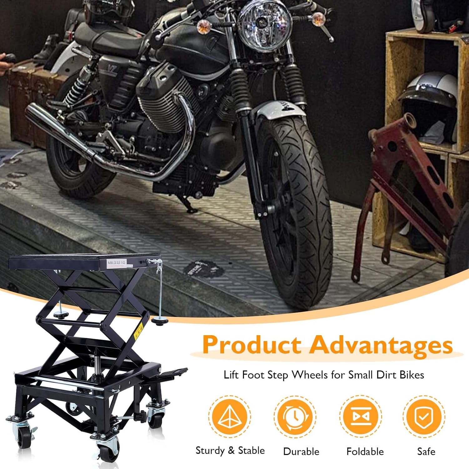 Hydraulic Motorcycle Lift Table, 350 lbs Capacity Scissor Jack Lift with Wide Deck, J-Hooks, 4 Wheels, Foot-Operated Jack Stand for ATV Dirt Bikes (Black)