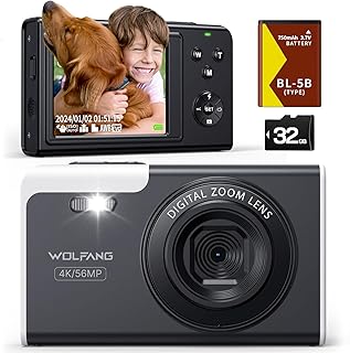 WOLFANG Compact Portable Digital Camera, 4K Kids Camera for Photography, 56MP Photo Camera, with 16X Zoom, Rechargeable Ca…