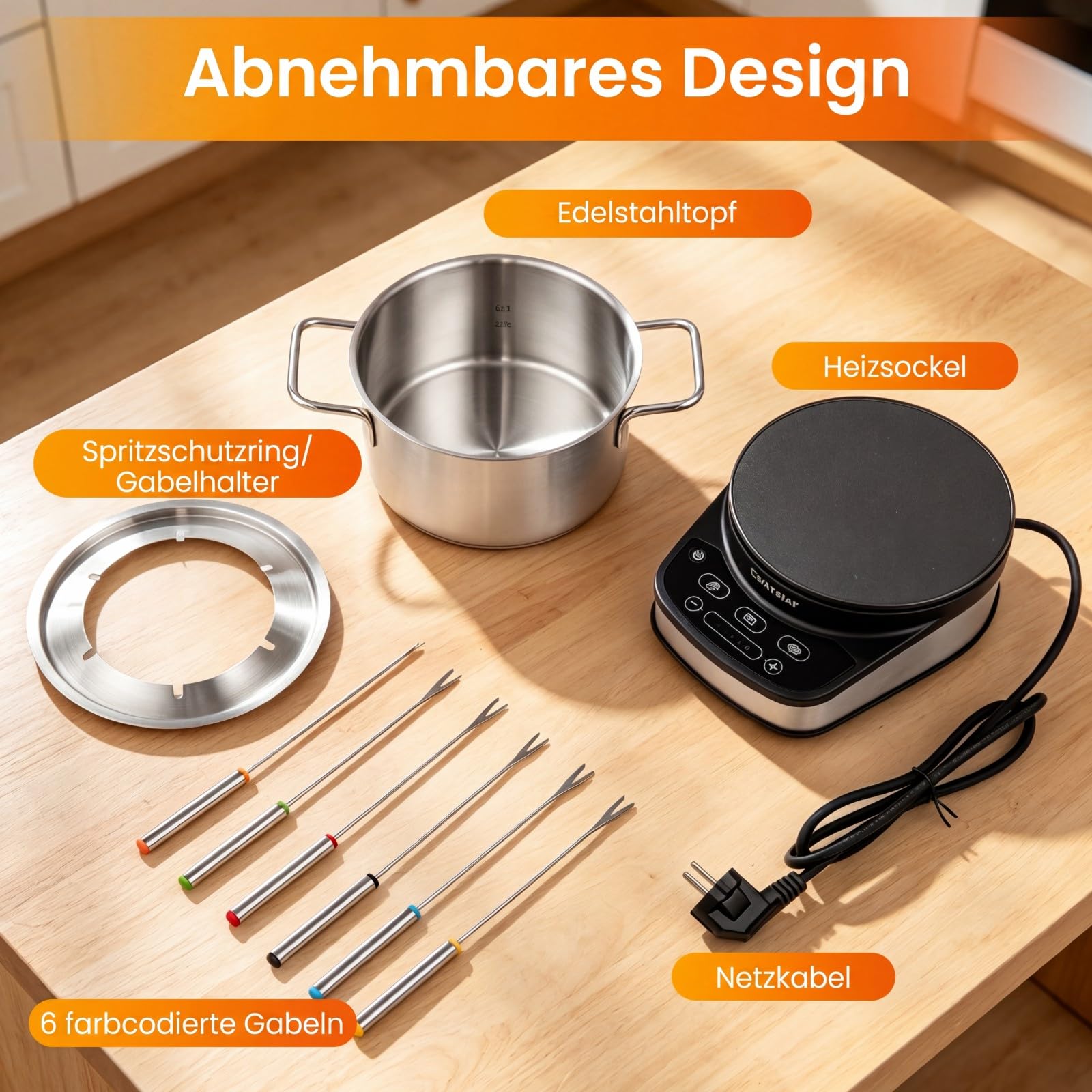COSTWAY Elektryczny zestaw do fondue, 1200 W, ze zdejmowanym garnkiem ze stali nierdzewnej 3 l, 6 widelców oznaczonych kolorami i regulacją temperatury, nadaje się do mycia w zmywarce, do sera