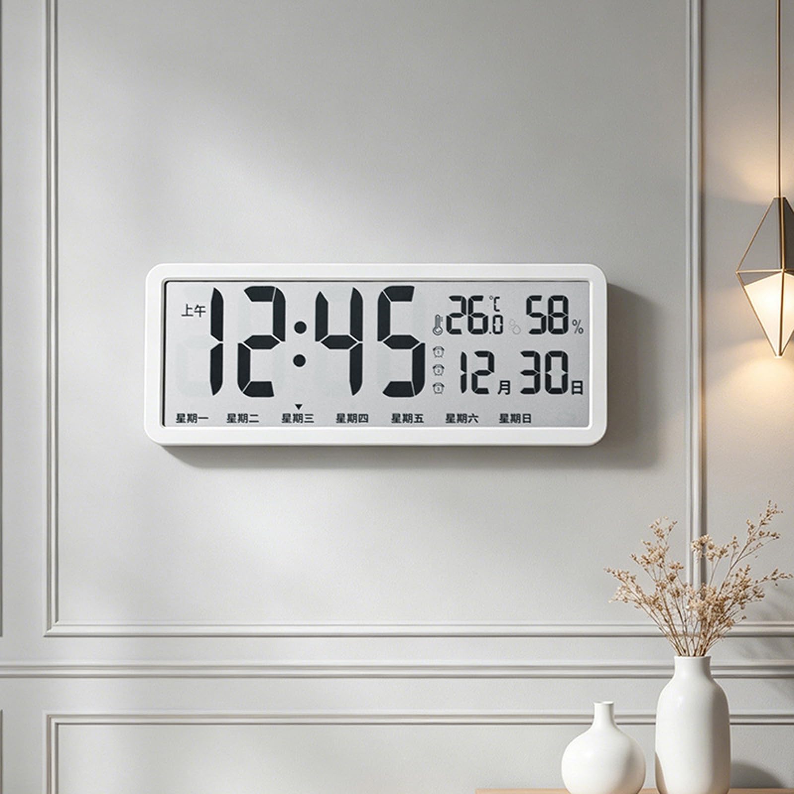 Horloge numérique à grand écran avec heure, date, température et humidité, alimentée par batterie, pour la maison, la chambre à coucher, horloge murale électrique, réveil numérique LED, affichage du