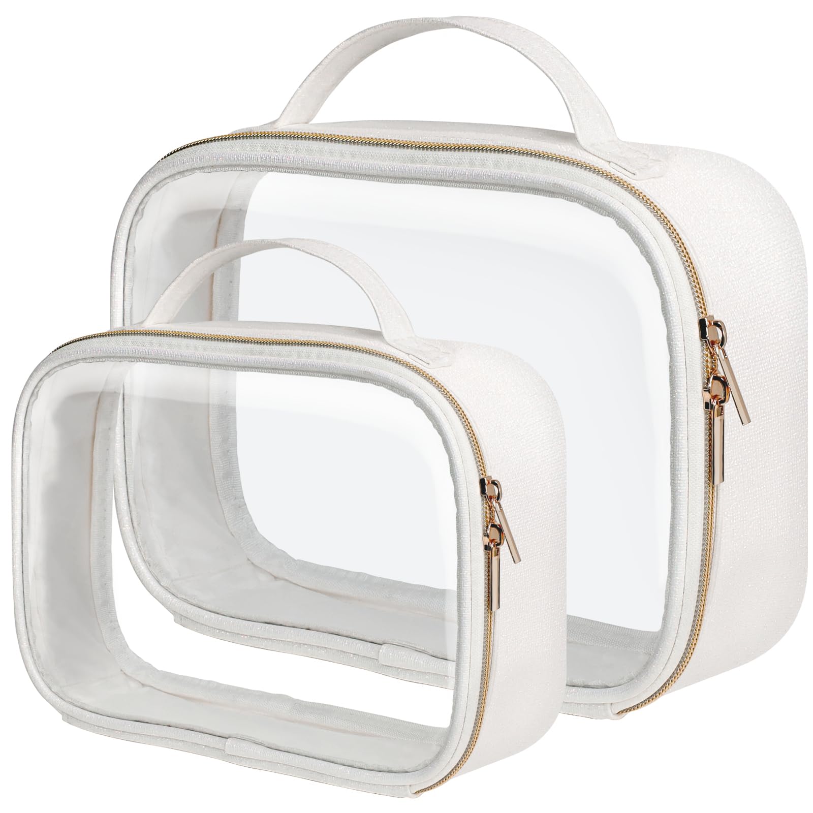 PACKISM Glitter Texture TSA Approved Toiletry Bag Set, Style Clear Makeup Bag with Handle, 1 TSA Medium & 1 Large for Travel, Gift for Women, White