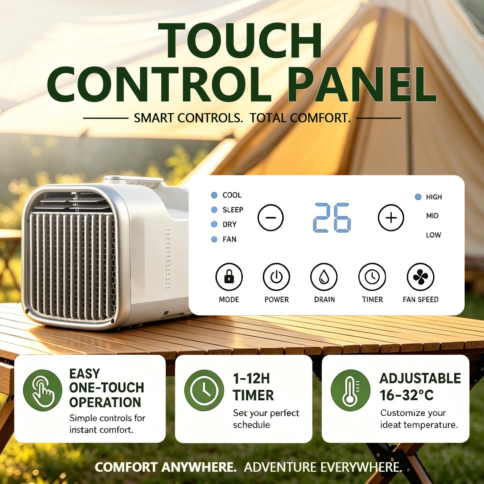 Przenośny klimatyzator, camping AC 4w1, cichy silnik, niskie zużycie energii, automatyczne odparowanie, timer 12H, pilot do namiotu, kampera i pokoju 5100BTU