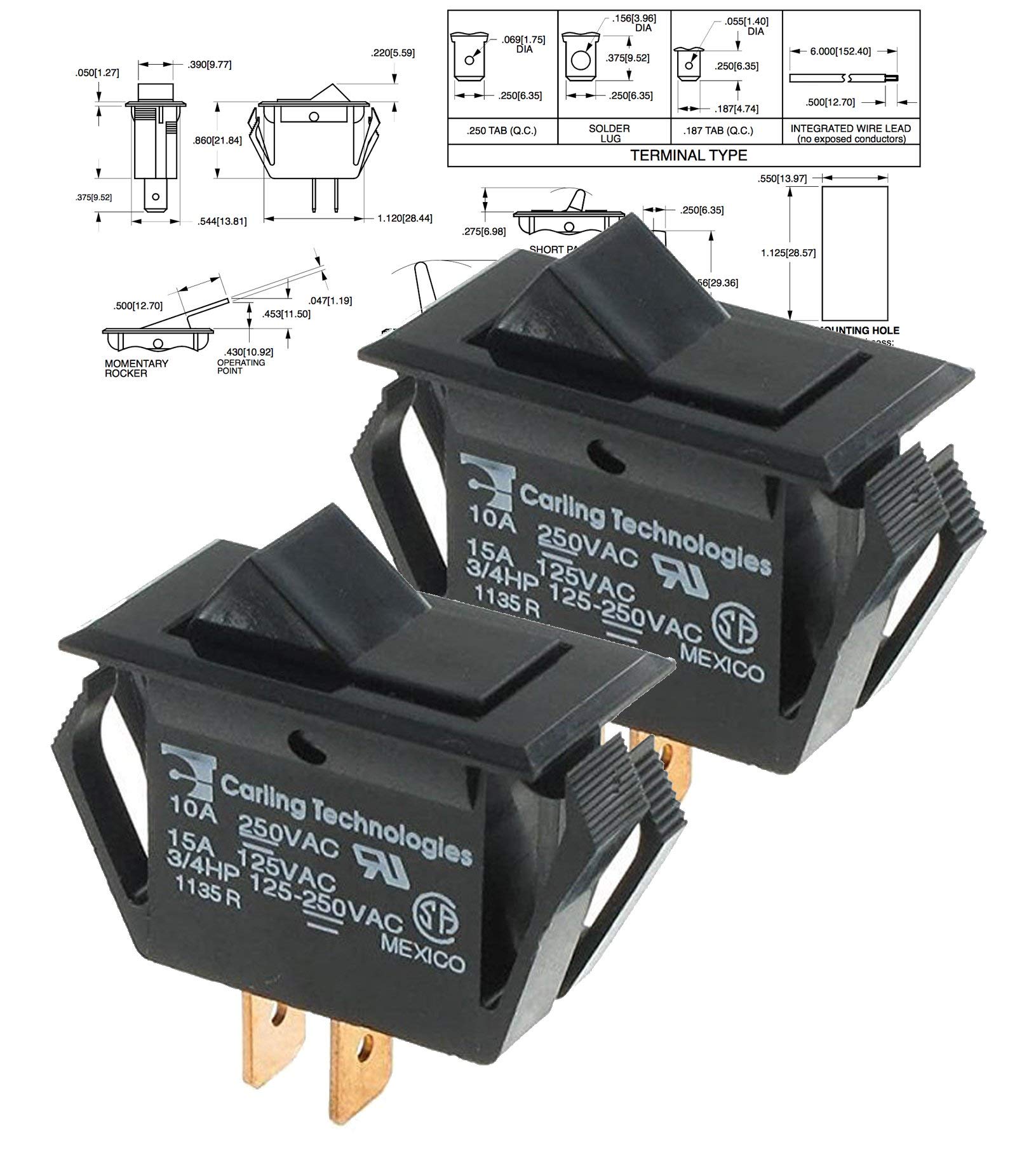 Rocker Switches TA201-TB-B,(Pack of 2) SPST ON-None-Off BLK