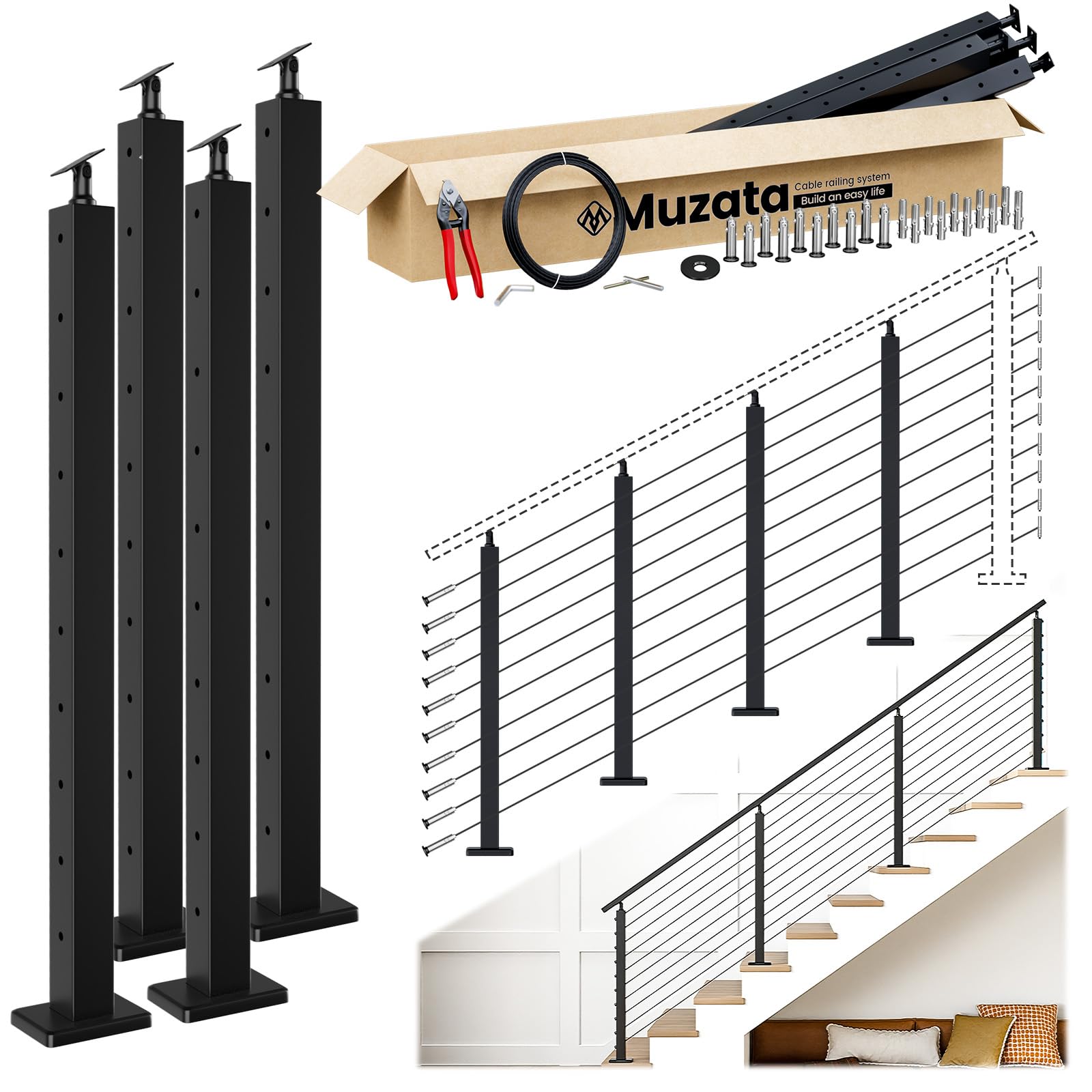 Muzata 12-16FT Modular Black Cable Railing Kit 36 Inch 4 Stair Post Kit Complete Set Cable Railing System for Stairs Length Adjustable Easy DIY with Paper User Guide (No Handrail) RW25