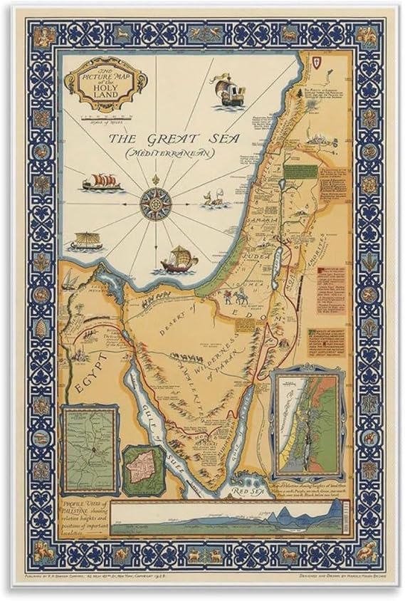 RLHDASDE 1921 Palestine Holy Land Painting Map Israel Wall
