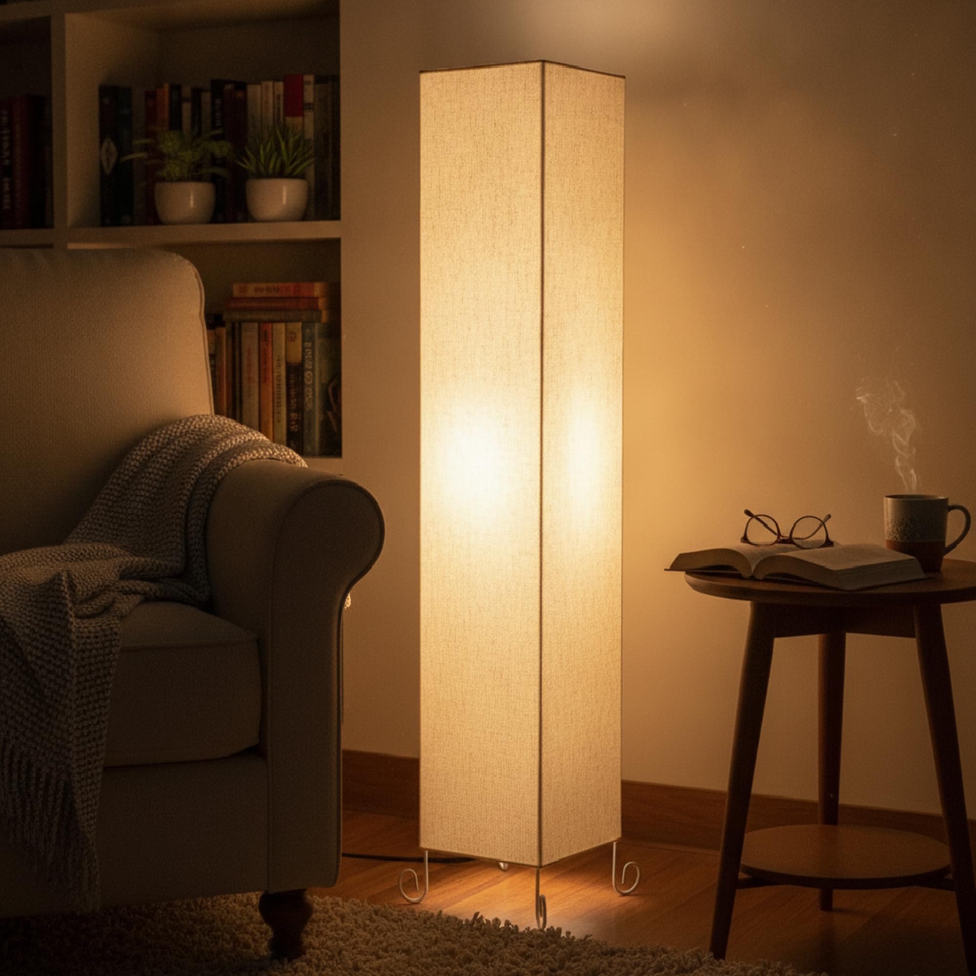 Tall Metal Square Cylinder Floor Lamp, Fabric Linen Shade, Warm White, Modern Style, Corded Electric, for Living Room and Bedroom (Flex)-image-22