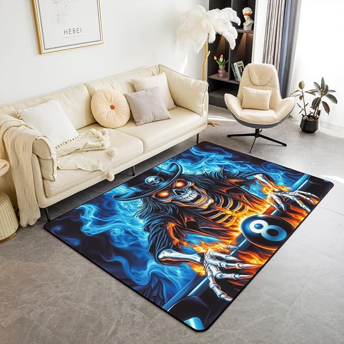 Sugar Skull Large Area Rug 5x7 Science Fiction Style Gothic Living Room Rug | Cool Pool 8 Ball Rugs for Bedroom, Billiard Balls Goth Skeleton Carpet Indoor Floor Mat