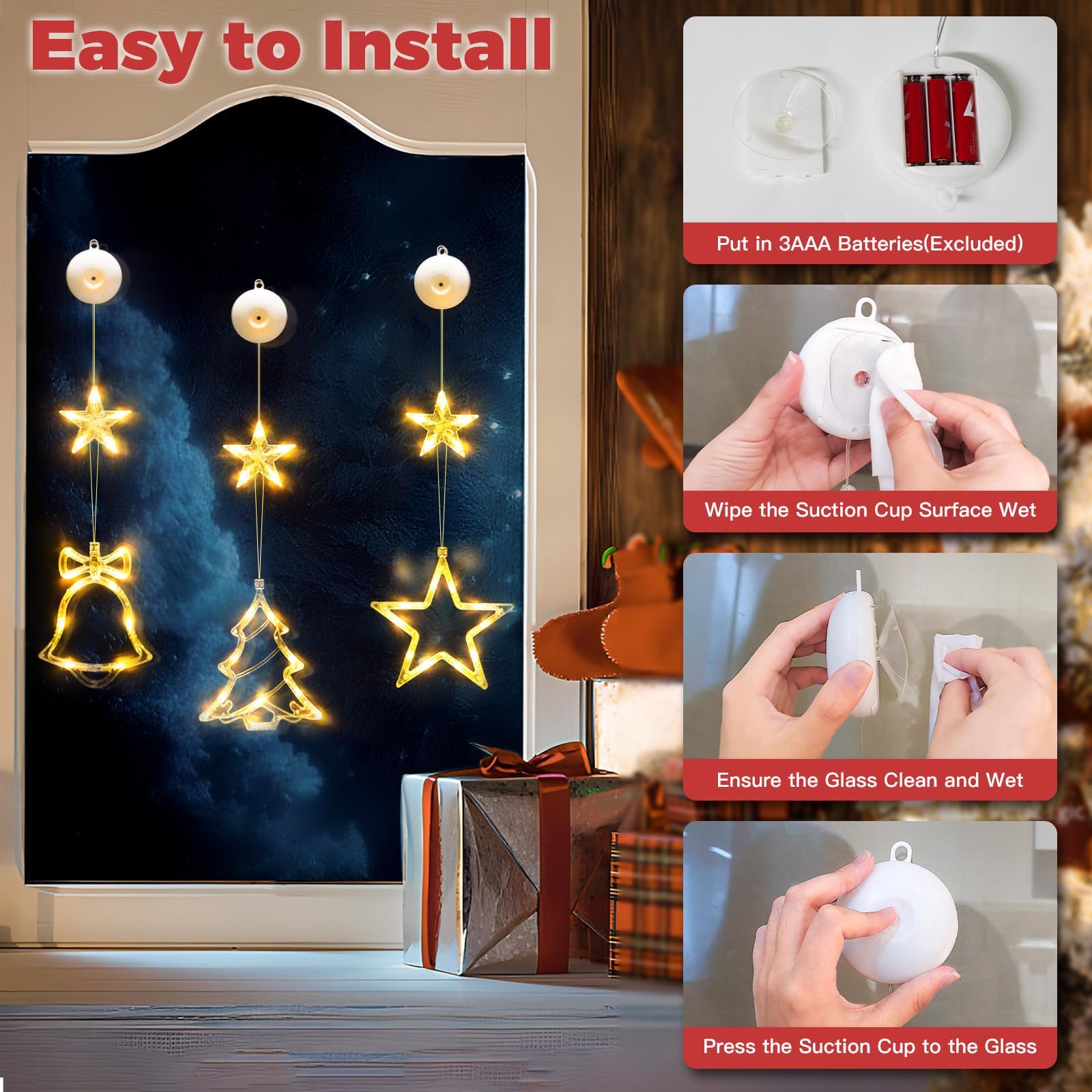 suddus Lot de 3 guirlandes lumineuses de Noël en forme de clochette et d'étoile, alimentées par piles avec ventouses et minuterie, guirlande lumineuse à suspendre pour arbre, cheminée, blanc chaud