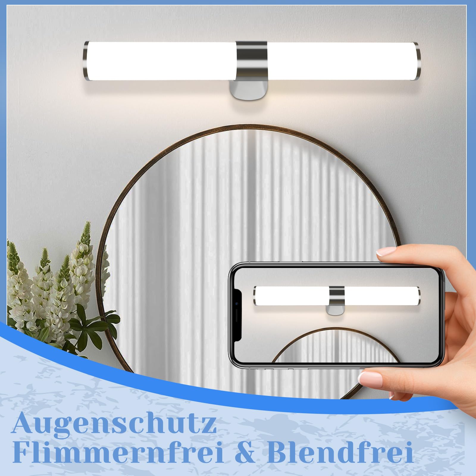Homefire LED Spiegelleuchte Bad Spiegellampe - 8W Badlampe Wand 40CM Wandlampe Badezimmer Wasserdicht IP44 Wandleuchte Neutralweiß 4000K Chrom Badleuchte Wandmontage Modern für Keller Küche Badschrank