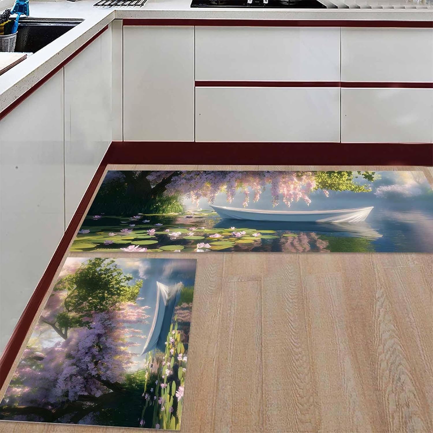 2 Pieces Kitchen Rugs and Mats,Boat Lotus Flower Tree Lake Area Runner Rug Set Non Slip Floor Doormat Washable Carpet Standing Mat for Kitchen Sink Indoor Corridor,Forest Landscape Oil Painting