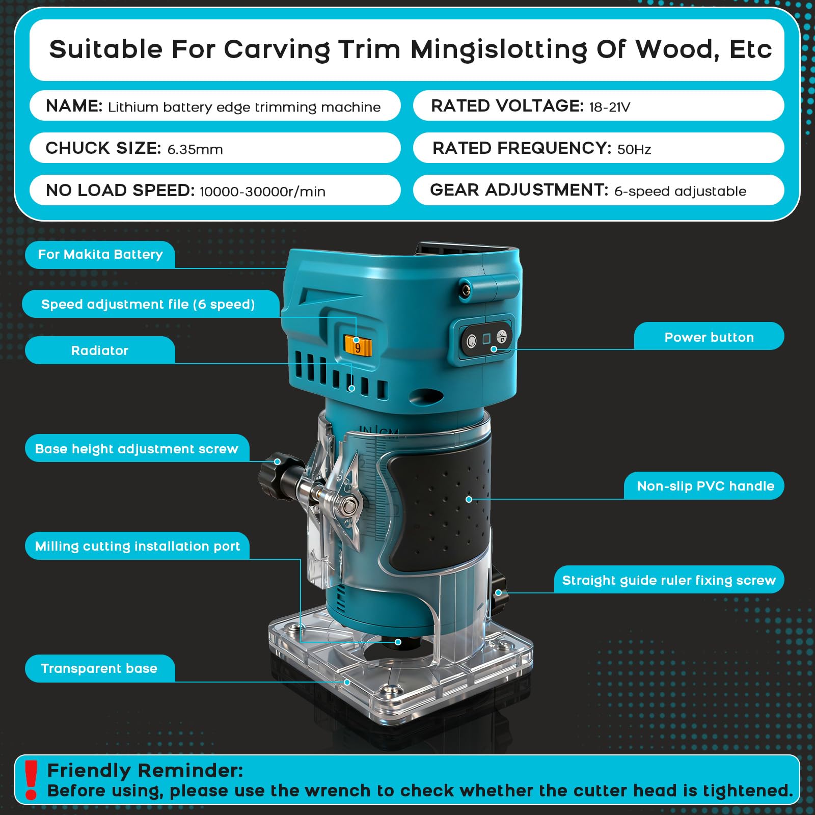 Fresadora inalámbrica compatible con batería Makita de 18 V, 850 W, 30.000 rpm, cortador de madera sin escobillas con 6 velocidades para trabajar la madera con 15 fresas de 1/4" (sin batería)