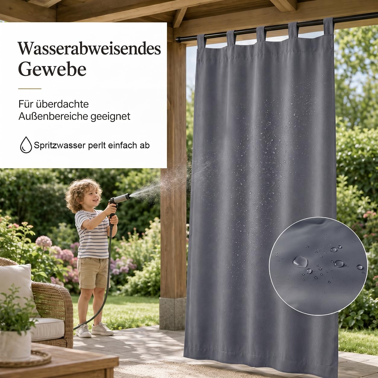 Outdoor Vorhang Wetterfest mit Abnehmbaren Schlaufen 2er Set | Außenvorhang Sonnenschutz Wasserdicht Sichtschutz für Garten Pavillon Pergola Terrasse Balkon (H274xB132cm, Dunkelgrau)