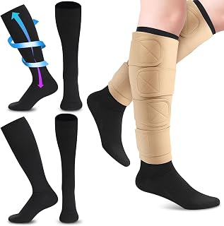 Floraltop 3 Pair Lymphedema Compression Leg Wrap with Calf Compression Sock 20-30 Mmhg Lymphedema Product Adjustable Brace Medical Shin Splint Wrap with Stocking for Heaviness Fatigue(Nude and Black)