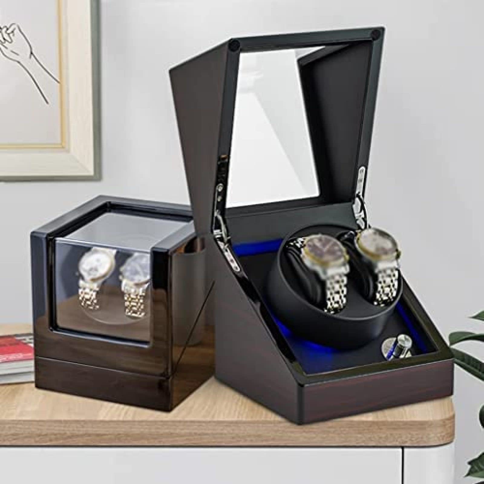Scatola Rotante Per Orologio Meccanico, Avvolgitore Doppio Per Orologio, Scatola Rotante Per Orologio A Carica Automatica Con Guscio In Legno, Adattatore CA Con Motore Silenzioso,Nero,18x18x21 Cm