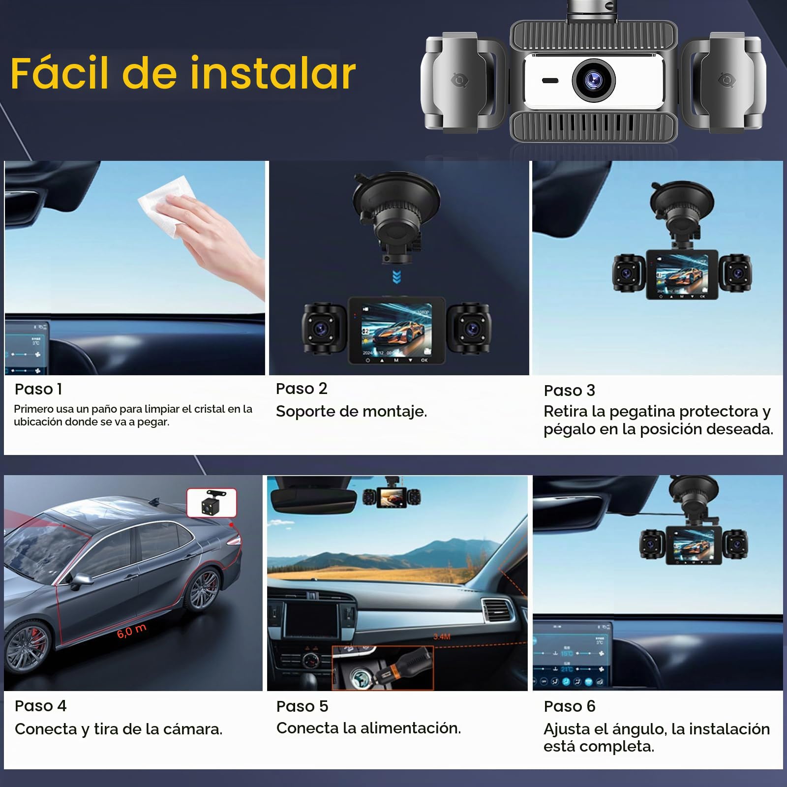 Hikity 2.4" 1080P WiFi Dashcam 4 Dashcam con DVR G-Sensor Tarjeta TF 64G | Pantalla IPS Dashcam con Coche Ángulo 360° Modo Aparcamiento 24H Grabación Continua Cámara de Coche Visión Nocturna