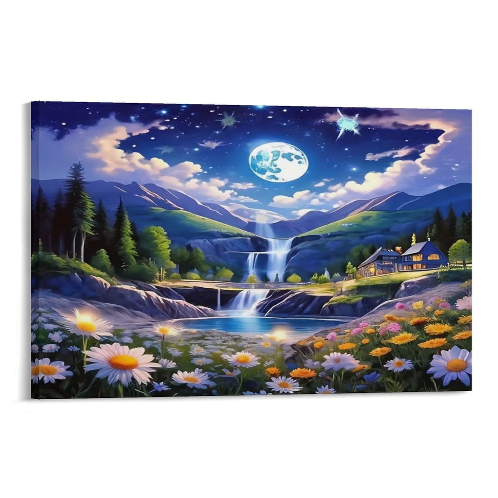 CPLVKWRQJ Snowy Mountain Waterfall with Deer Single Piece Moonlit Waterfall Cottage Starry Flower Meadow Framed Wall Art - Office Canvas Print Fade Resistant Wall Focal Art Decor 16x24inch(40x60cm)