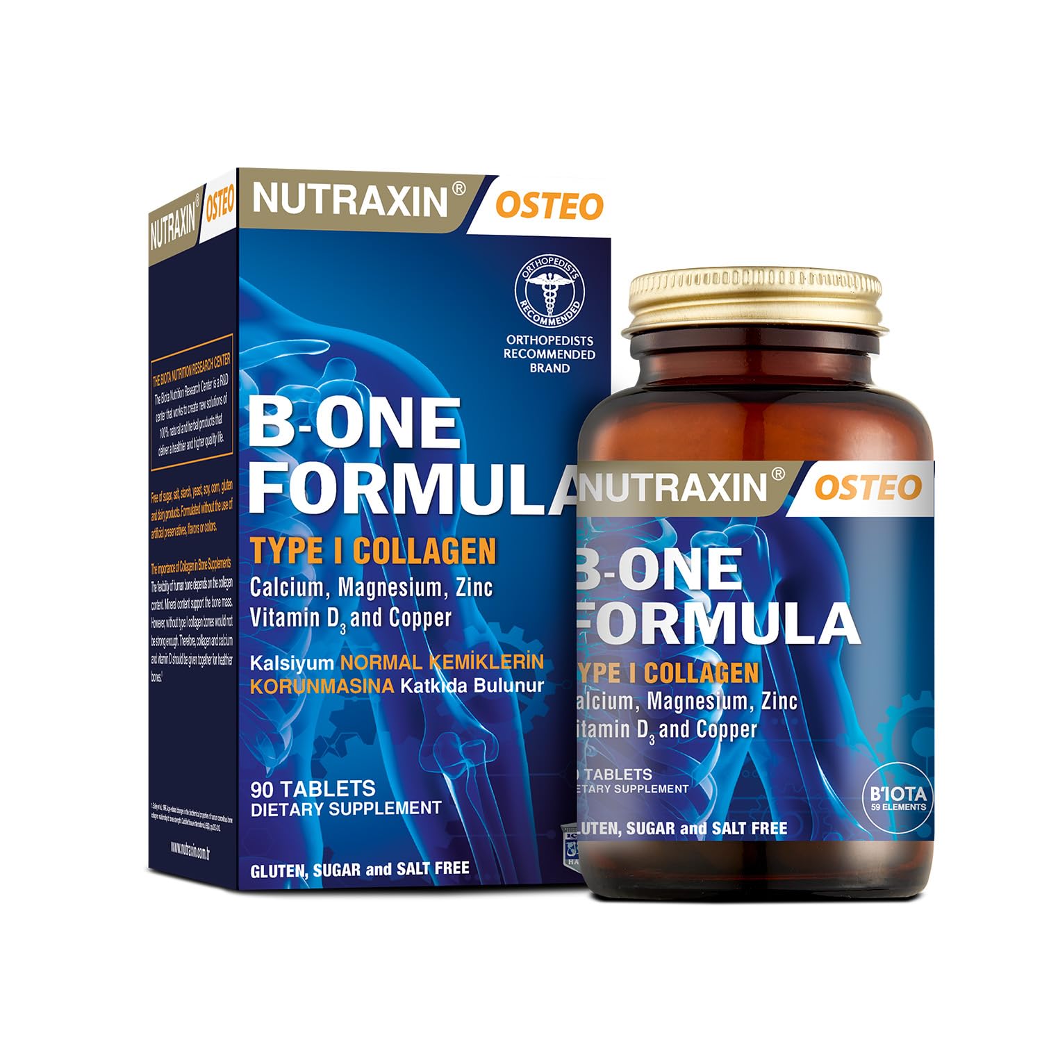 Nutraxin Bone Formula Calcium Magnesium + Collagen – 90 Tablet: Tip I Kolajen, Kalsiyum, D Vitamini, Magnezyum, Çinko & Bakır İçeren Kemik Destek Takviyesi