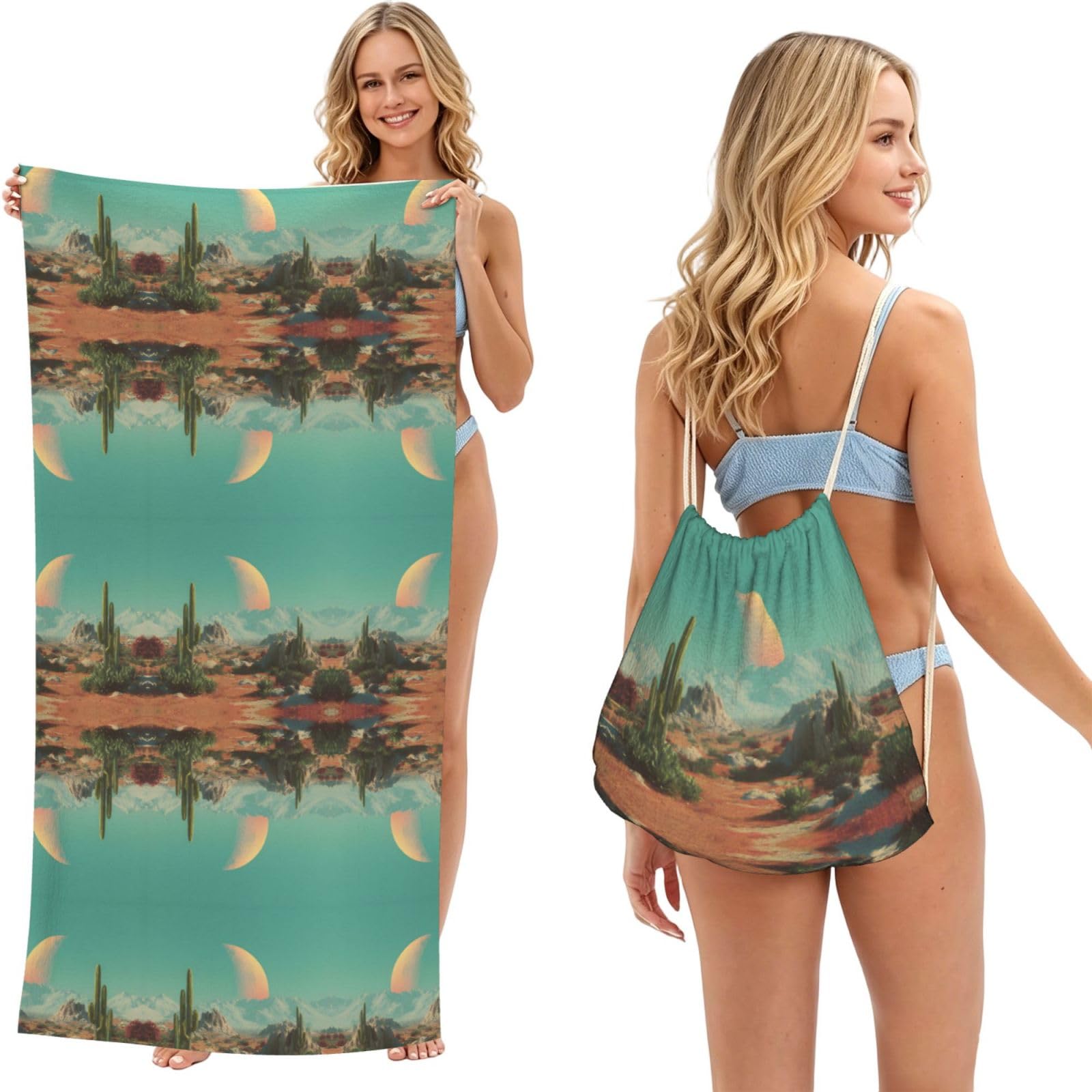 EZDLOWVBA Desert Print Beach Towel Backpack 2 In 1 Summer Large Lightweight Beach Towel - Multifunctional Ship Pattern Towel Bag For Storage,Sport