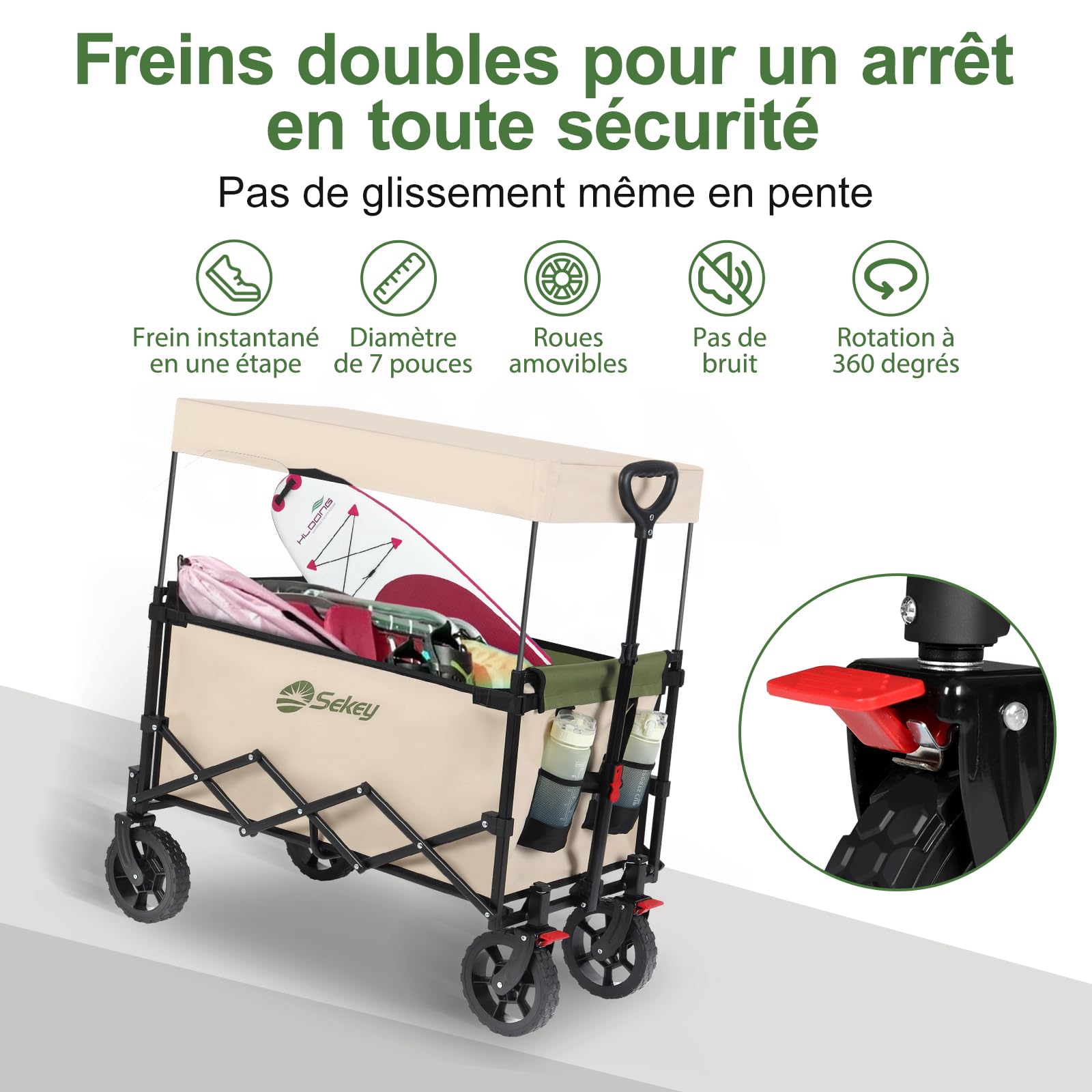 Sekey Chariot de Transport XXL Pliable pour Enfant 150 l 150 kg avec Toit Chariot à Main Pliable avec Protection solaire pour Excursion, Plage, Camping, Toit S 4018, Vert écologique