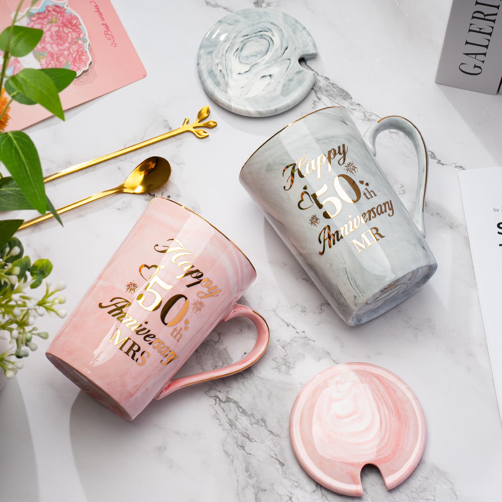 Regalos 50 Aniversario Boda, Regalos para Bodas de oro 2PCS Tazas 400ml, 50 Aniversario Bodas or-o, Bod-as de 50 Aniversario Cerámica Jaspeada Taza con Cucharas, Tarjetas, Cajas de Regal-o