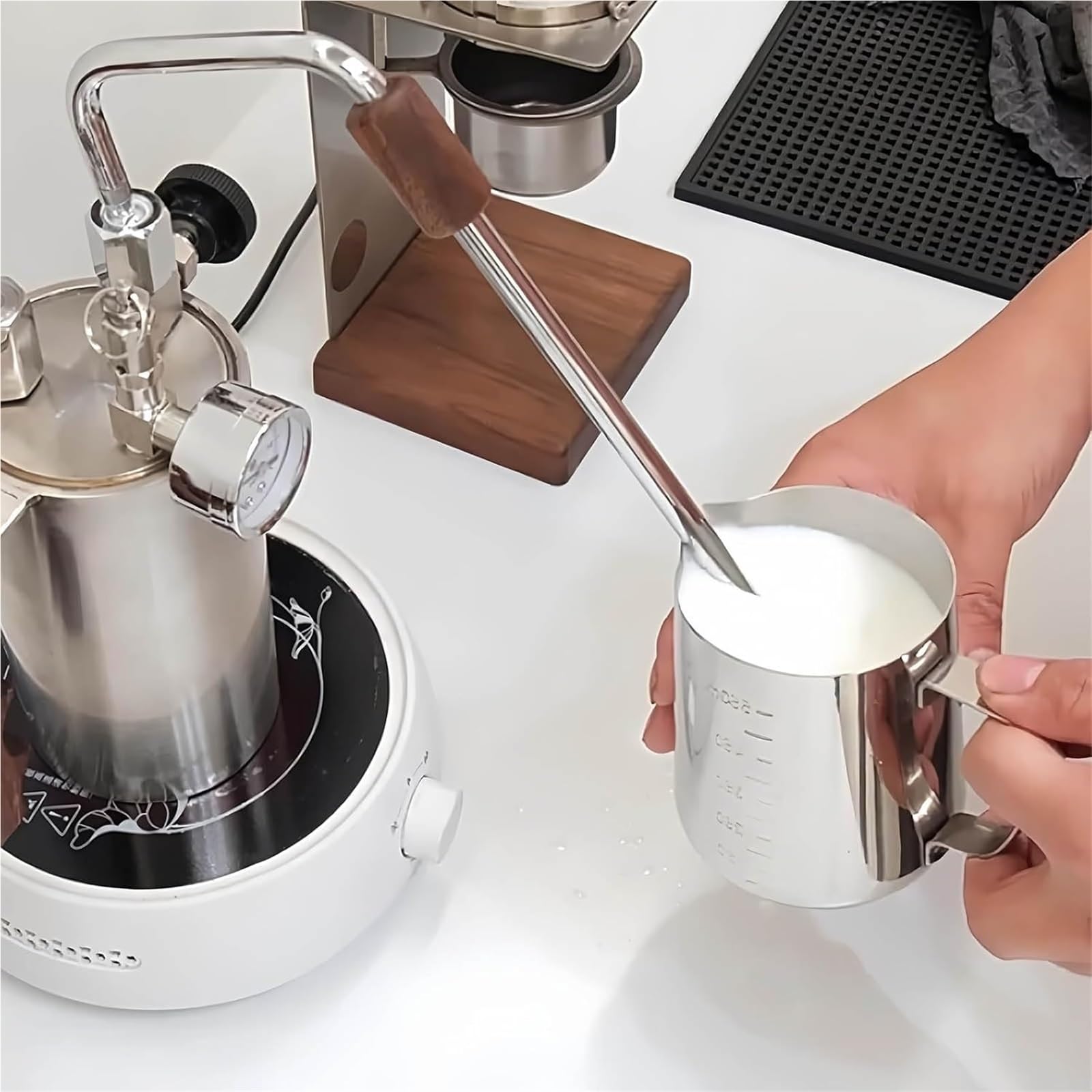 Espumador de leche de café, máquina eléctrica de espuma de 100 a 500 ml, boquilla de 3 agujeros máximo de 4 bares, espuma calentable para latte, capuchino, chocolate caliente