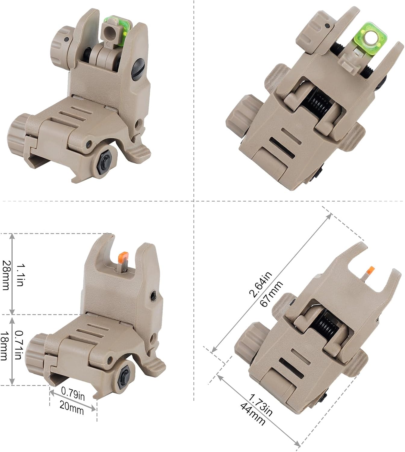 Flip Up Sights Polymer Front and Rear Sight Set Fiber Optic Sights for Picatinny