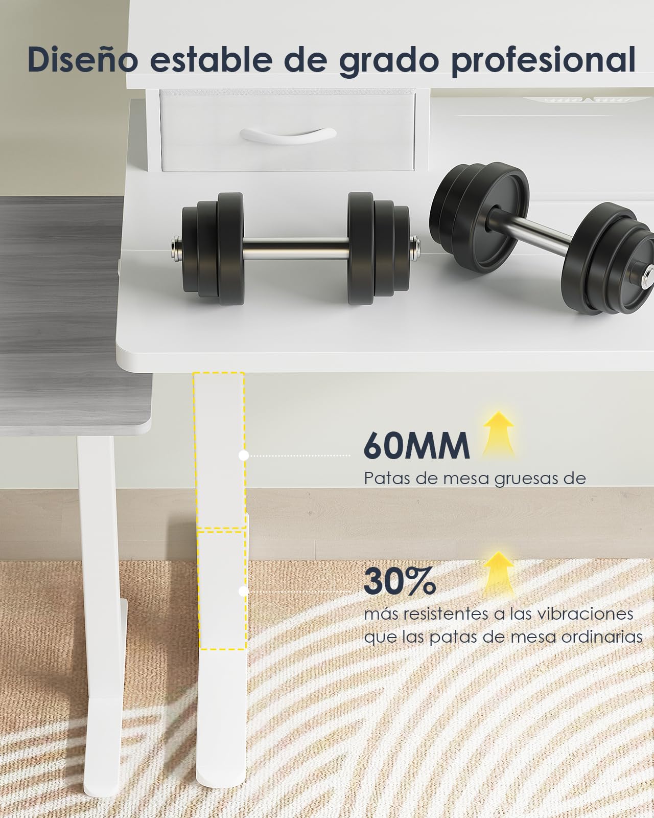 OffiGo Escritorio Elevable con Cajón y USB, 140×60 cm, Weiß | Soporte para monitor en L, 3 memorias, escritorio eléctrico regulable para oficina en casa, USB integrado, 72-121 cm