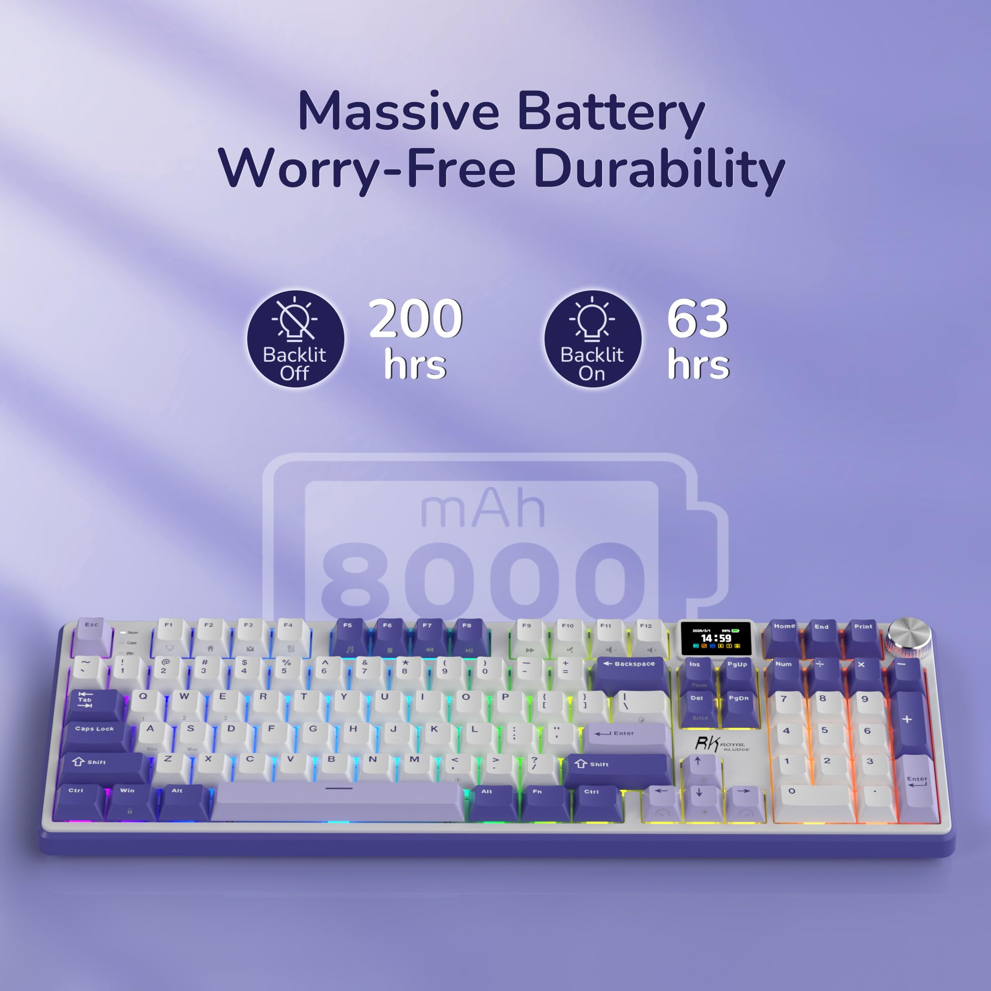RK ROYAL KLUDGE Teclado mecánico inalámbrico S104 con pantalla y perilla, teclado para juegos de tamaño completo con batería de 8000 mAh, interruptores prelubricados con retroiluminación RGB