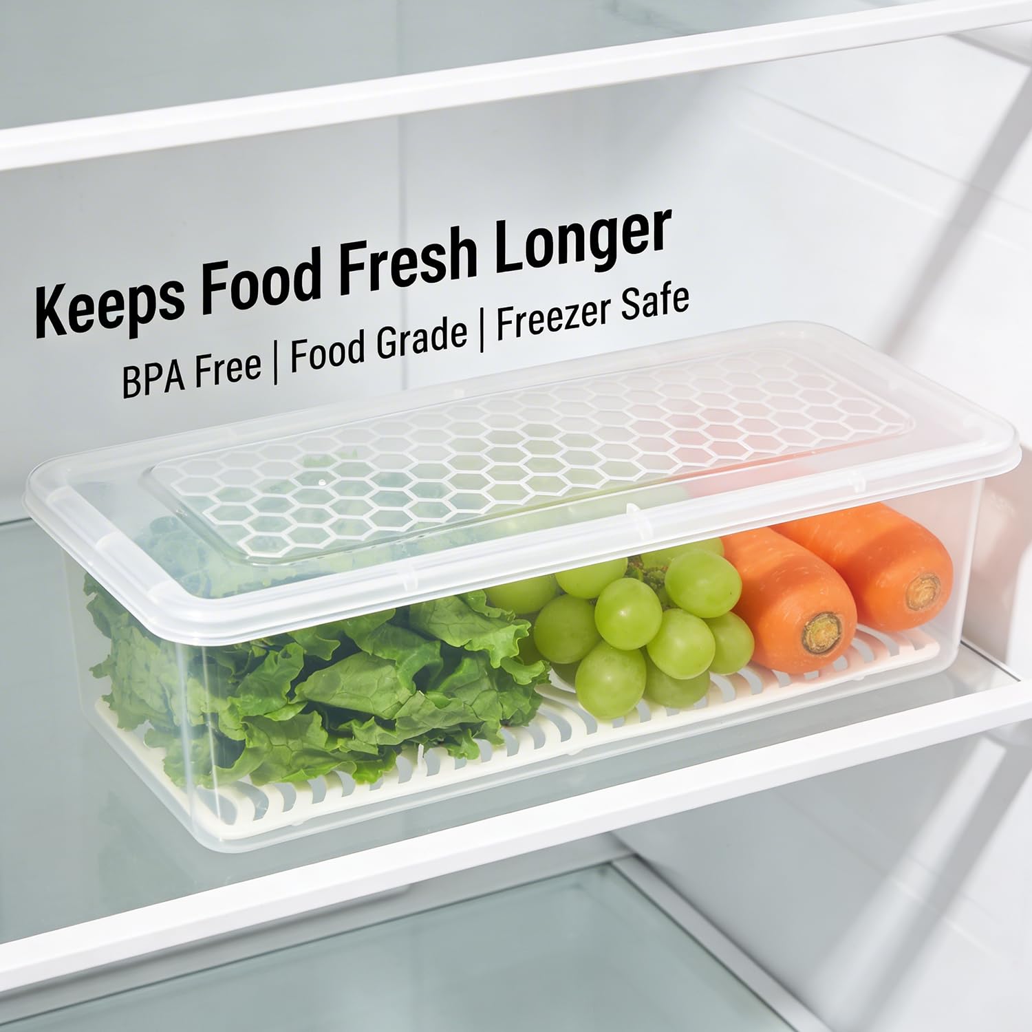PEARLPET Plastic Fridge Storage Boxes (Pack Of 6, Fridge Organizer With Removable Drain Plate Fridge Storage Containers Keeps Fruits, Meat, Fish Fresh Longer 1500 Ml Container Box, Transparent) 4