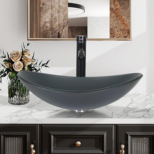 Miniatura 2 de Puluomis Lavabo de vidrio con forma de barco para baño con grifo y drenaje emergente, color gris esmerilado