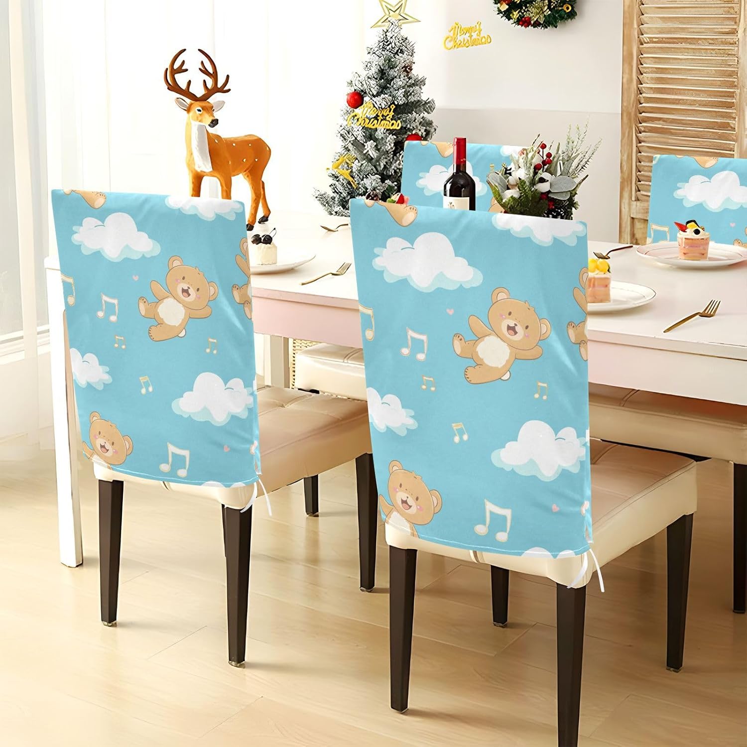 ALAZA Bears Music Notes Chair Back Cover Set of 6, Washable Reusable Removable Chair Slipcovers Decorative Chair Cover for Home Kitchen Wedding Party