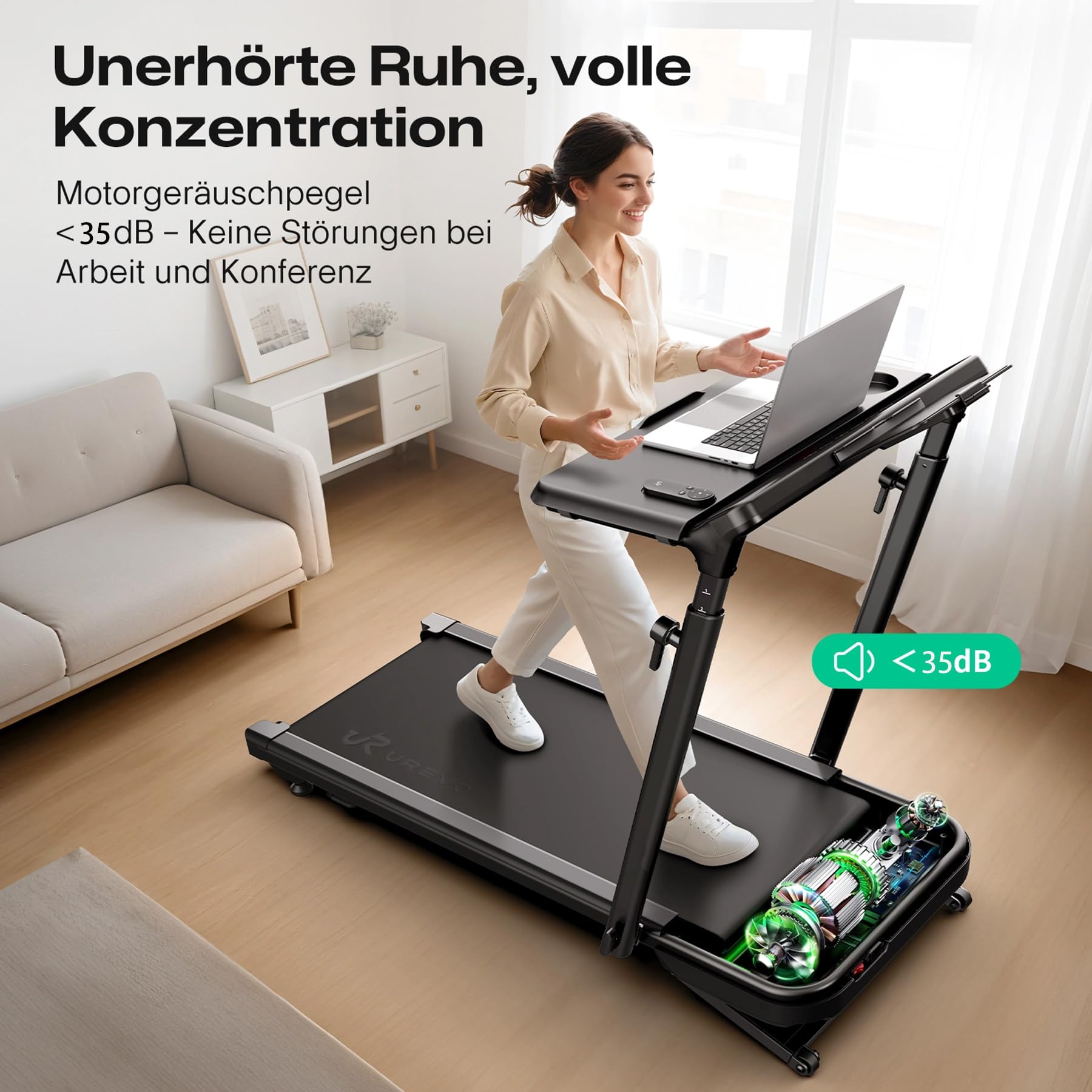 UREVO Smart Laufband mit Steigung Automatisch, Laufband Schreibtisch & Workstation, Flüsterleiser Dual-Brushless-Motor (10× Lebensdauer), 16" Laptop-Fit, 190% Mehr Kalorien, Knie-schonend
