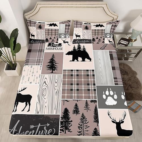 Miniatura 286 de Sábana bajera ajustable de oso de caza, juego de ropa de cama a cuadros de búfalo, sábanas de retazos de cabaña rústica para niños, niños, Multi