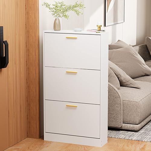 Miniatura 3 de JOZZBY Armario de zapatos con 3 cajones abatibles para entrada, limo blanco, independiente, moderno, estrecho, organizador de zapatos, armario para