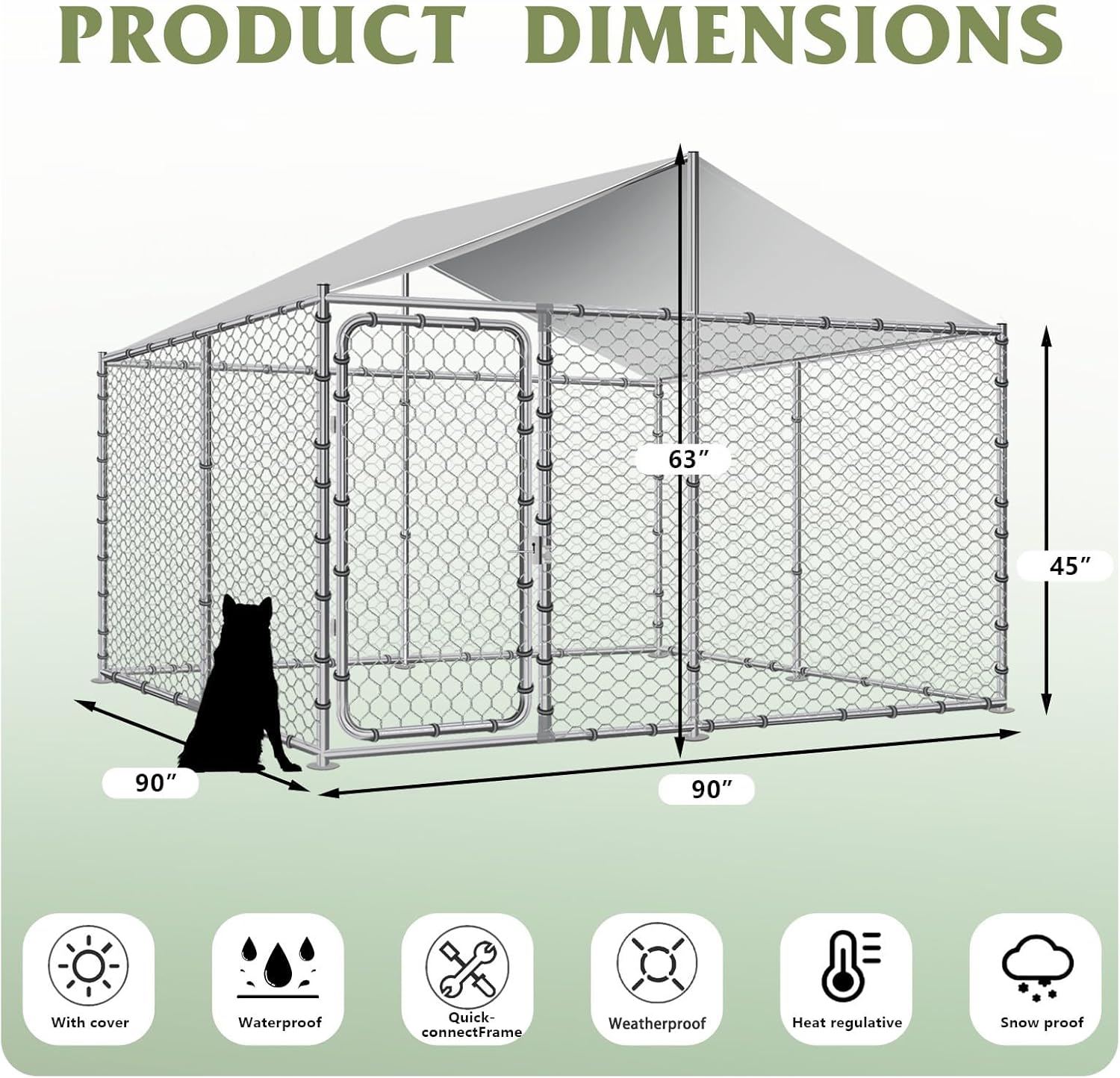 Large Outdoor Kennel, Heavy Duty With Water&UV-Resistant Proof, Galvanized Steel Pens Outside House for Dog Run, Playpen (90" L x 90" W x 63" H), Silver