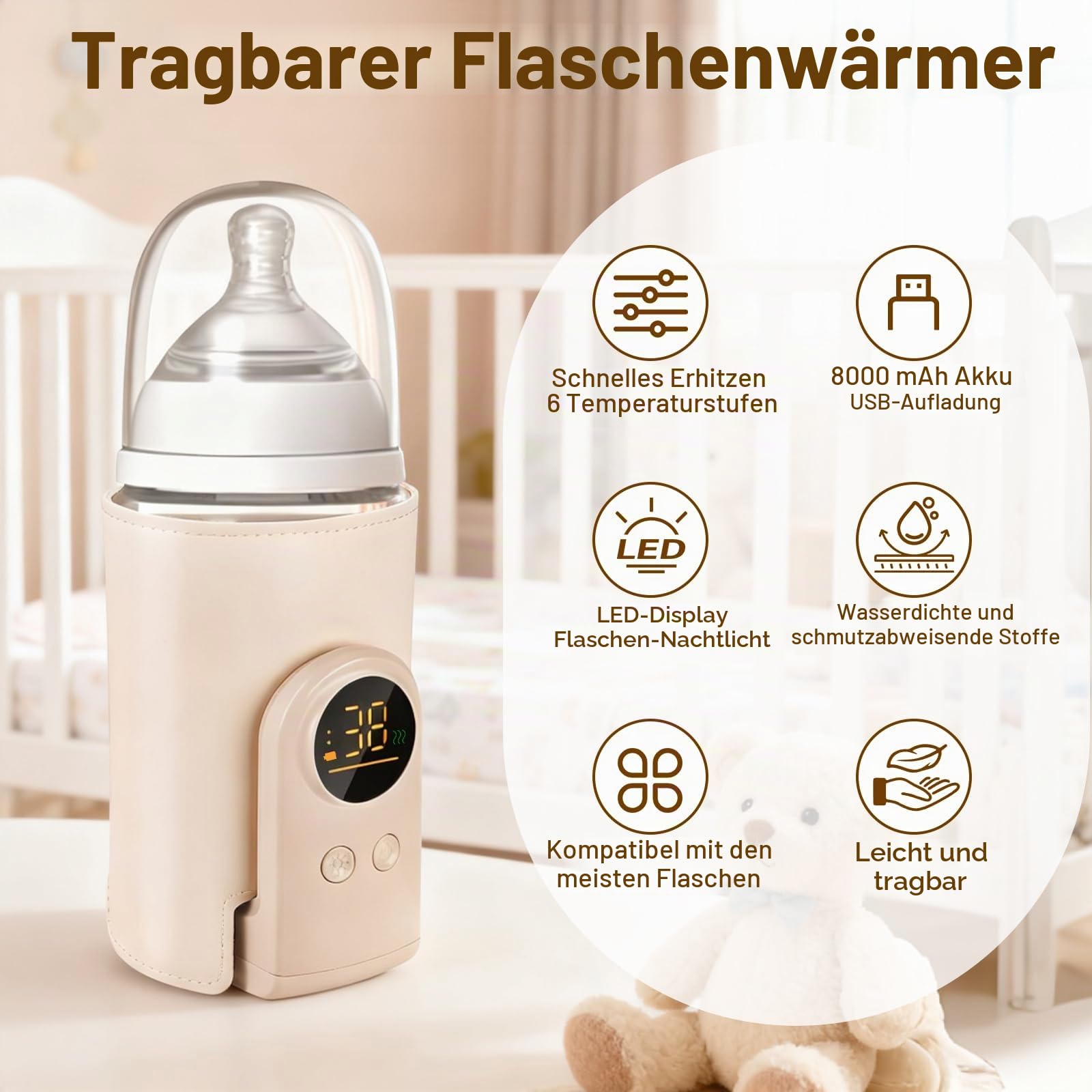 Flaschenwärmer Baby, Tragbarer Flaschenwärmer Akku mit LCD-Display, USB-Aufladung, 6 Einstellbare Temperaturstufen (38-50°C), Schneller Heizung, Unterwegs Babyflaschenwärmer für Unterwegs und Zuhause