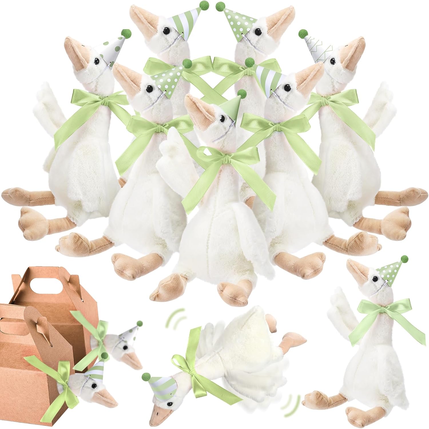 one silly goose party favors stuffed animal plush toy and mini birthday party hats with ribbon bow sage green 10