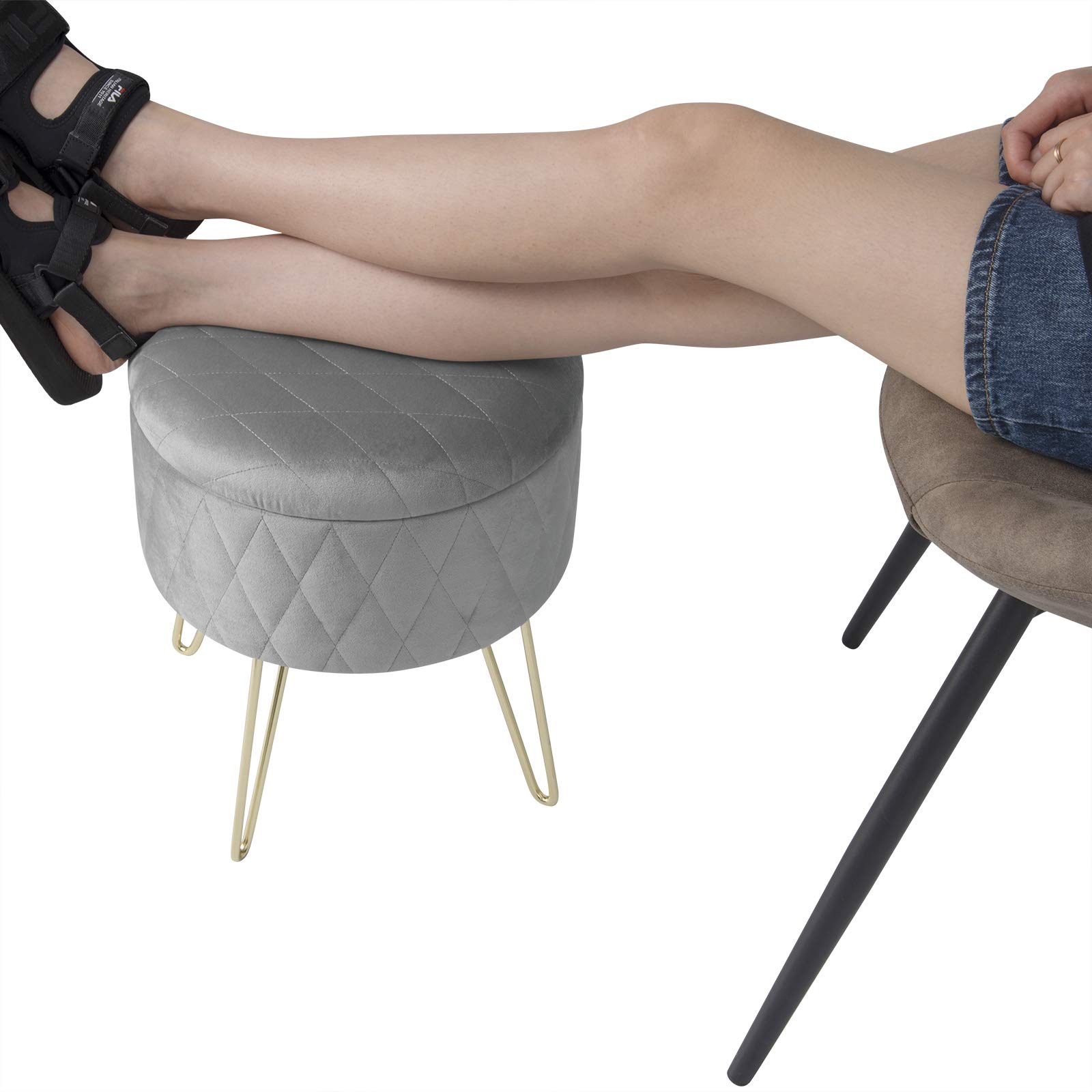 WOLTU Puff Asiento Almacenaje Terciopelo Redondo/Otomana Taburete Sofá Dormitorio Habitacion con Tapa Caja de Almacenamiento 31,5 x35cm Gris Claro