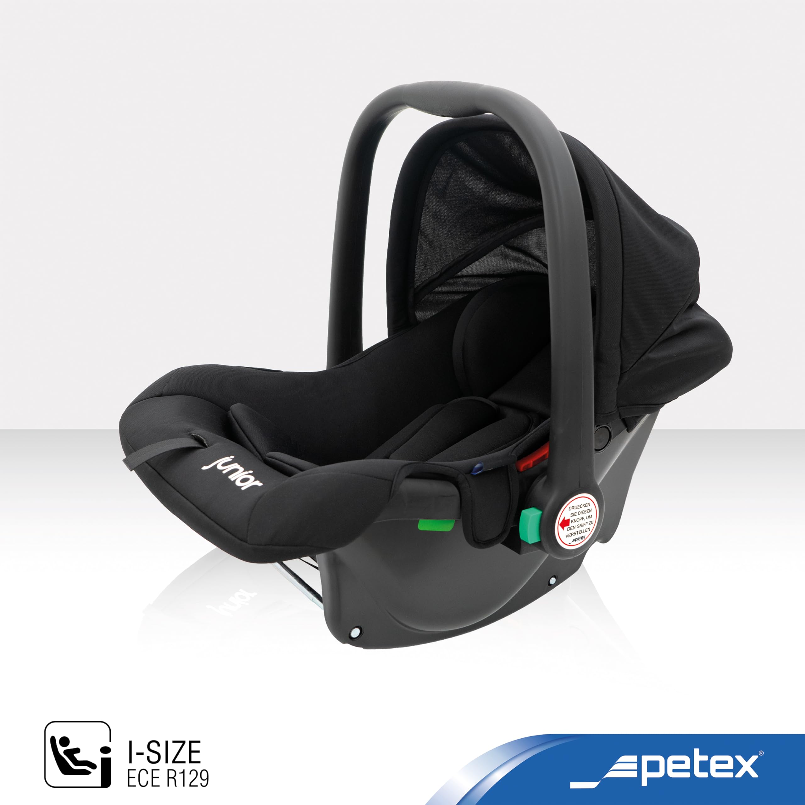PETEX Fotelik samochodowy dla niemowląt – Bambini i-Size norma ECE R129 dla dzieci o wzroście ok. 40-87 cm, funkcja huśtawki, fotelik samochodowy w kolorze czarnym, 1 sztuka
