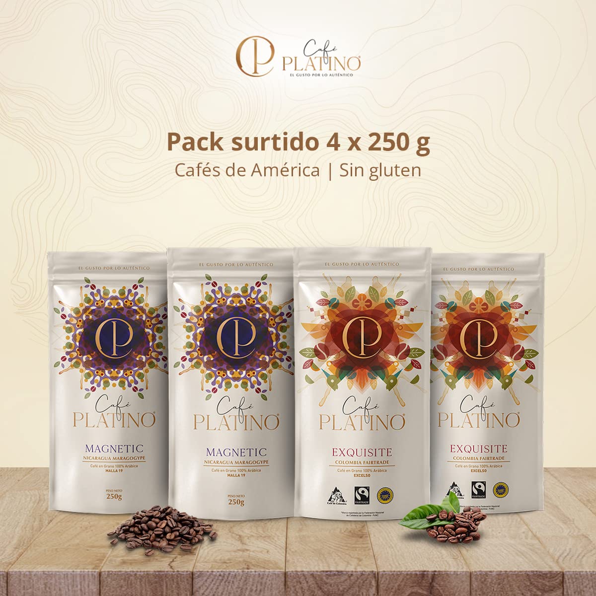 Café Platino - Pack Surtido Cafés de América 4 x 250g - Café en Grano Natural de Colombia Fairtrade y Nicaragua Maragogype - 100% Arábica