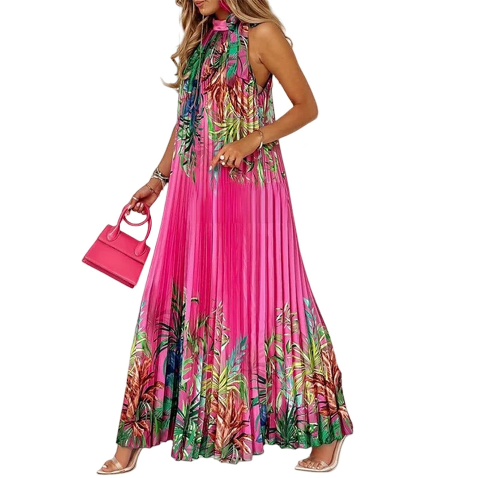 Vestito Donna Elegante Lady Casual Sciolte Sciolte Maxi Abito Pieghedini da Donna Stampare A Foglie D'Abito da Spiaggia Senza Maniche