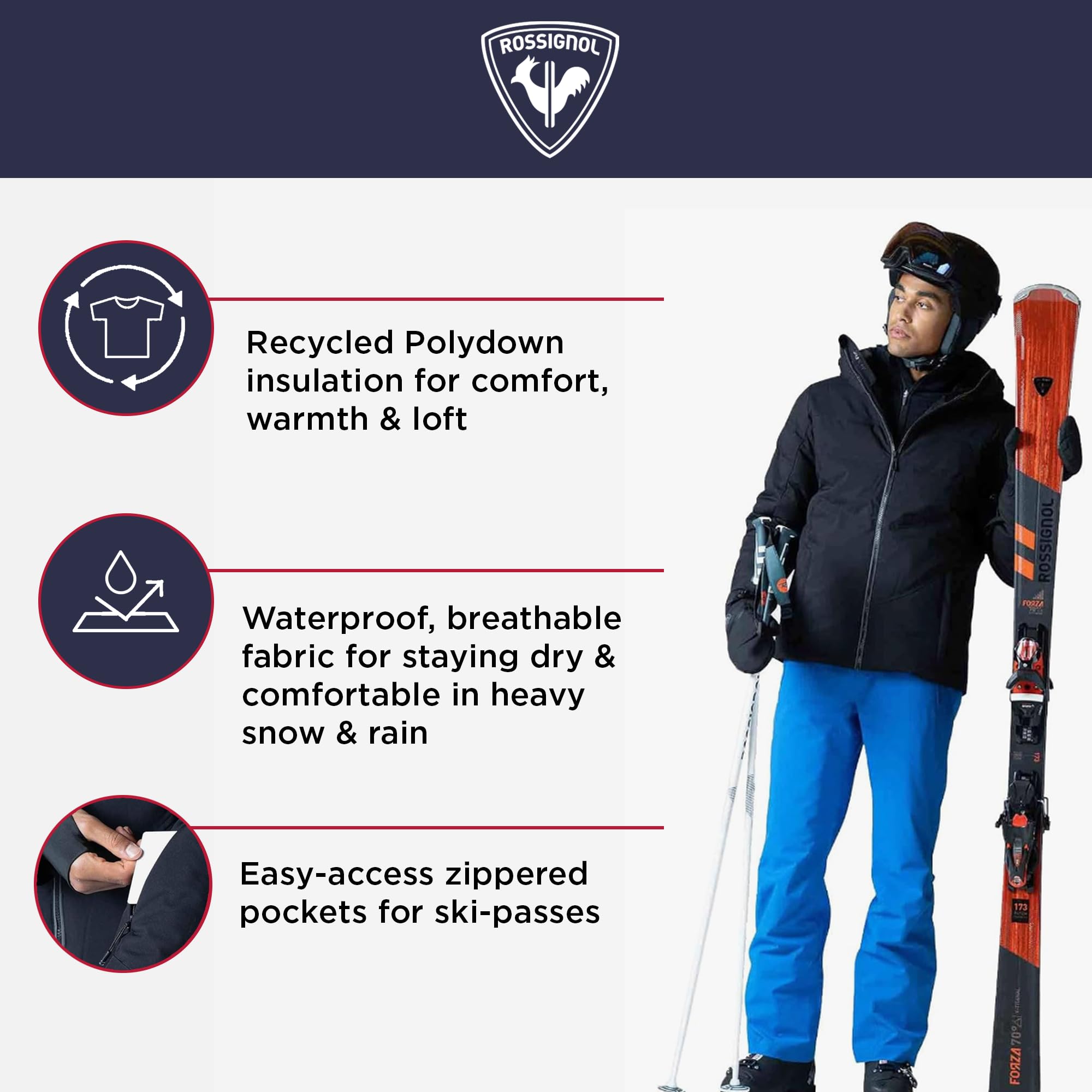 Rossignol Kurtki narciarskie Mężczyźni Siz Veste de Ski Imperméable Respirante Coupe Classique Isolée avec Capuche Amovible (1 w zestawie)
