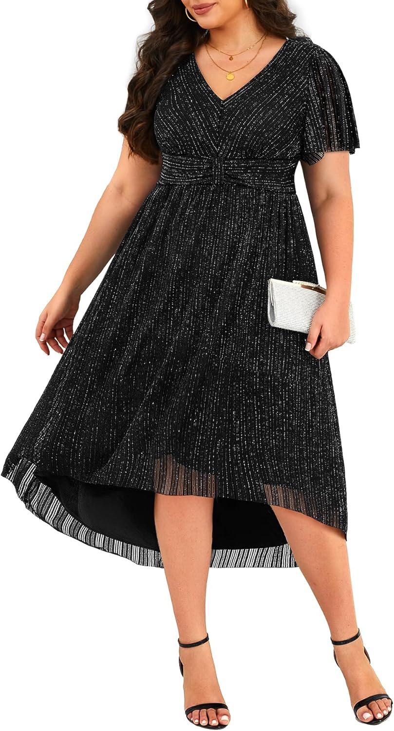Women Plus Size Cocktail Dress - Wedding Guest Semi Formal Holiday Party Fall High Low Dresses