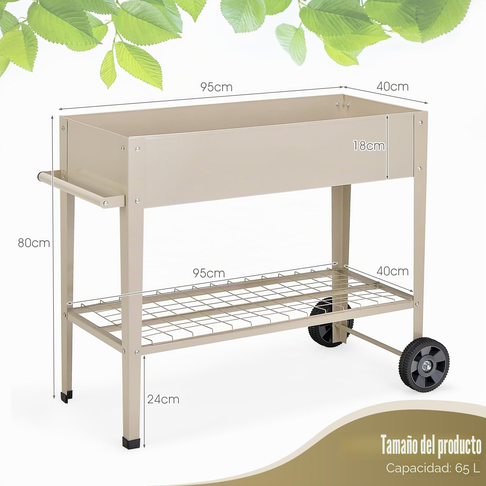 GOPLUS Huerto Urbano con Ruedas, Cama Elevada con Estante y 2 Ganchos para Herramientas de Jardinería para Verduras, Hierbas y Otros Vegetales, 95 x 40 x 80 cm (Blanco)