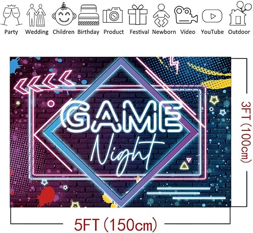 Miniatura 5 de Fondo de fotografía de lámpara de neón para noche de juegos, decoración de mesa de pastel, decoración de mesa, telón de fondo para fotos, 5 x 3 pies